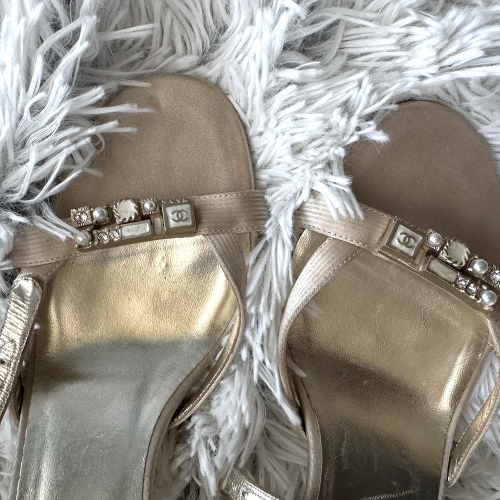 CHANEL Metallic Gold Jeweled Heeled Sandals